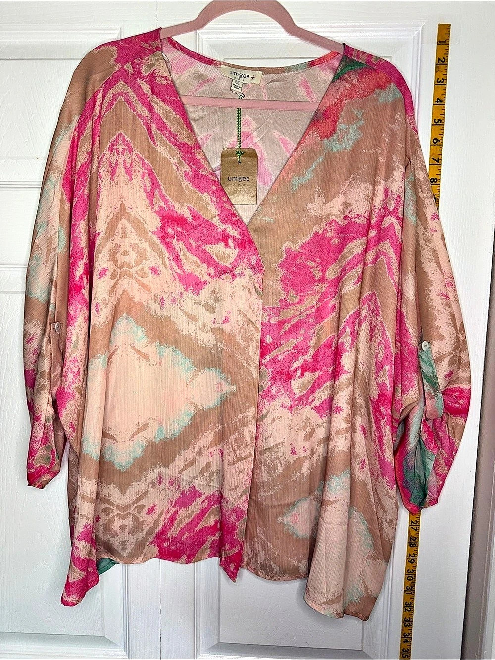 Umgee Abstract Print Blouse in Pink & Brown XL NWT